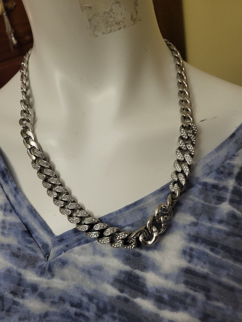 Silver Tone Rhinestone Pave Curb Chain Necklace